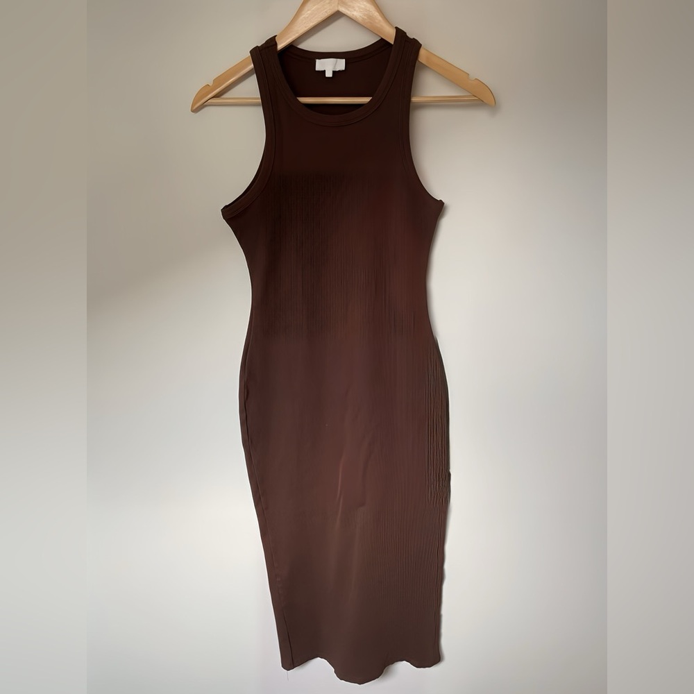 Meshki - Viola Ribbed Midi Split Racer Neck Dress - Chocolate - SIZE:L